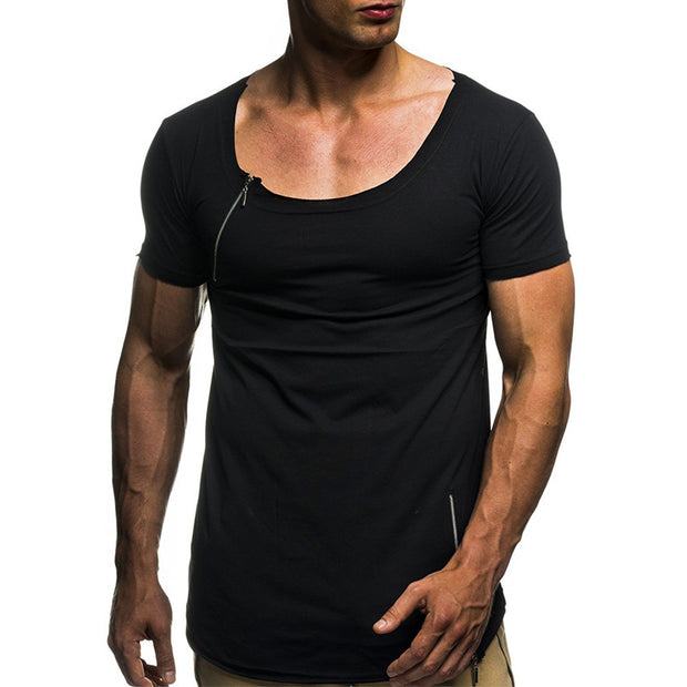Mens Round Neck Zipper Stitching Slim Short Sleeve T-Shirt