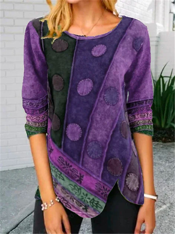 Womens Long Sleeve Printed Crew Neck Casual T-Shirt