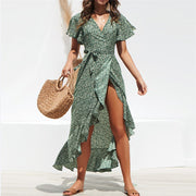 Fashion printed high-waist lace-up V-neck sexy chiffon swing irregular dress