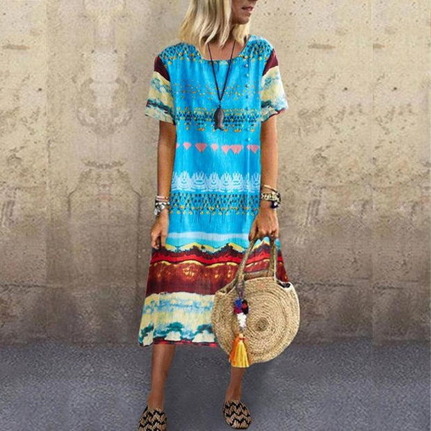 Sexy Short-sleeved Printed Round Collar Dress