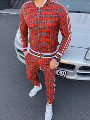 Mens Fashion Plaid Jacket Sports Pants Casual Suit