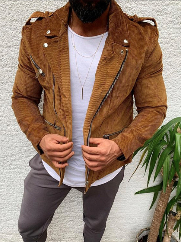 Lapel Zipper Corduroy Sleeve Long Sleeve Jacket
