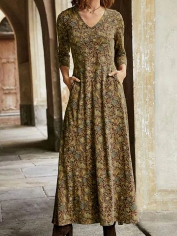 Chicbluf Cotton Vintage Print V-Neck Pocket Long Sleeve Dress