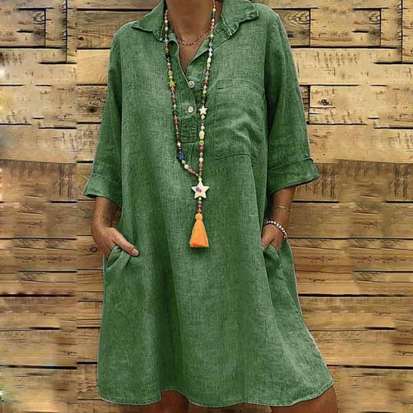 Fashion Solid Color Seven Sleeve Cotton Linen Dress