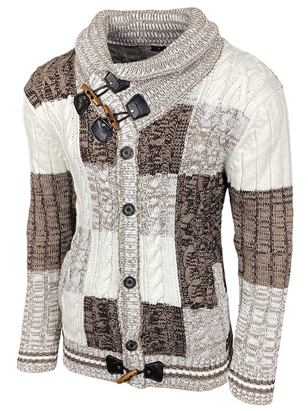 Mens Slim Color Block Collar Buttoned Sweater Jacket