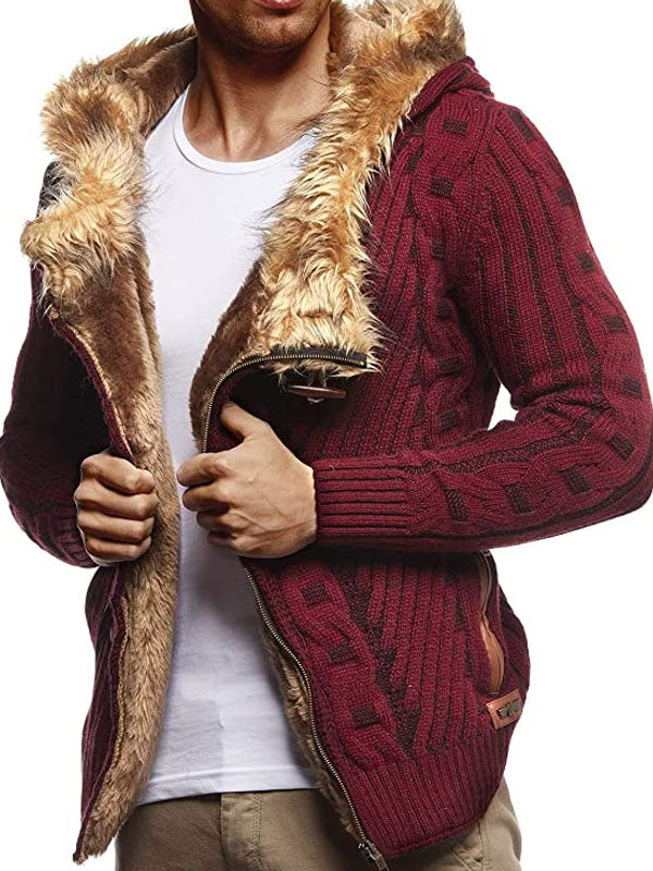 Mens Casual Diagonal Zipper Plus Fleece Hooded Sweater Coat
