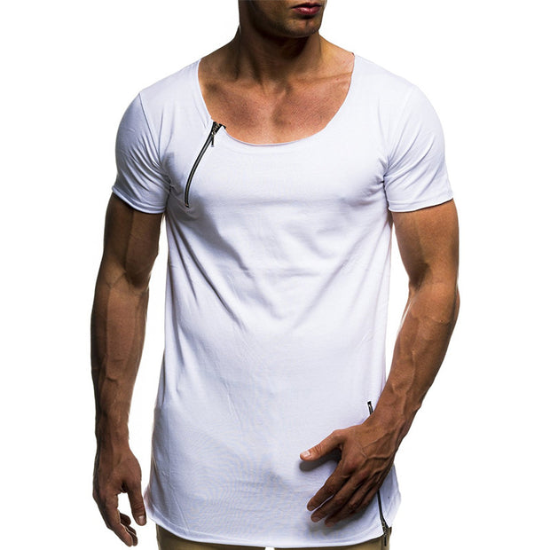 Mens Round Neck Zipper Stitching Slim Short Sleeve T-Shirt