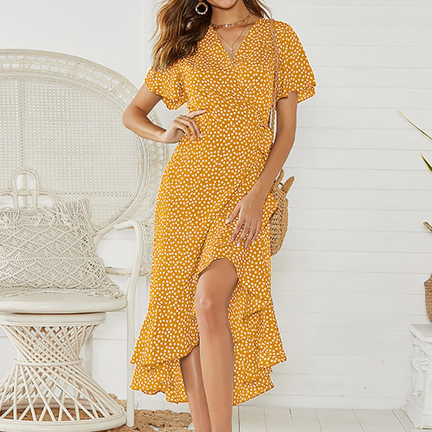 Fashion printed high-waist lace-up V-neck sexy chiffon swing irregular dress