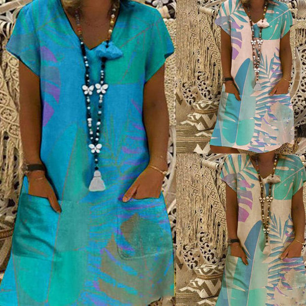 Sexy Printing Short-sleeved Mid-skirt V-neck Dress
