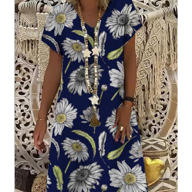 Printed Short-sleeved A- word Stripe Dress