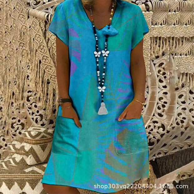 Sexy Printing Short-sleeved Mid-skirt V-neck Dress