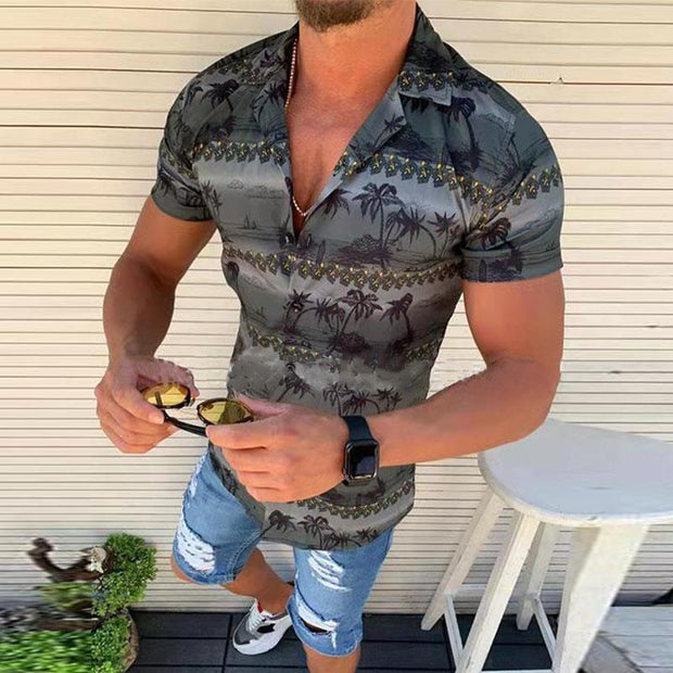 Fashion Lapel Beach Print Short-sleeved Shirt