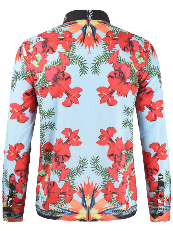 Mens Printed Lapel Long-Sleeved Casual Shirt