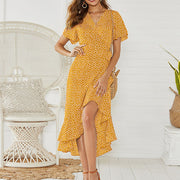 Fashion printed high-waist lace-up V-neck sexy chiffon swing irregular dress