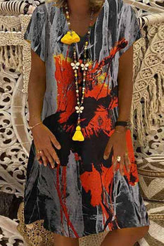 Fashion Casual Color Block Tunic V-Neckline Shift Dress