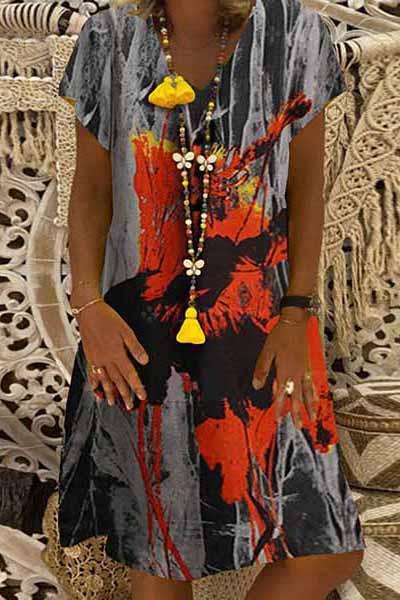Fashion Casual Color Block Tunic V-Neckline Shift Dress