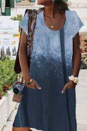 Sexy Pocket Printing Tie-dyed Round Neck Short Sleeve Dress