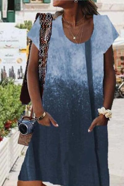 Sexy Pocket Printing Tie-dyed Round Neck Short Sleeve Dress
