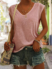 Women's Simple Solid Color V-neck Cover Sleeve Loose Tee