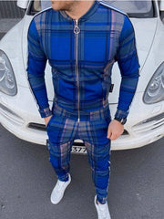Mens Fashion Plaid Jacket Sports Pants Casual Suit