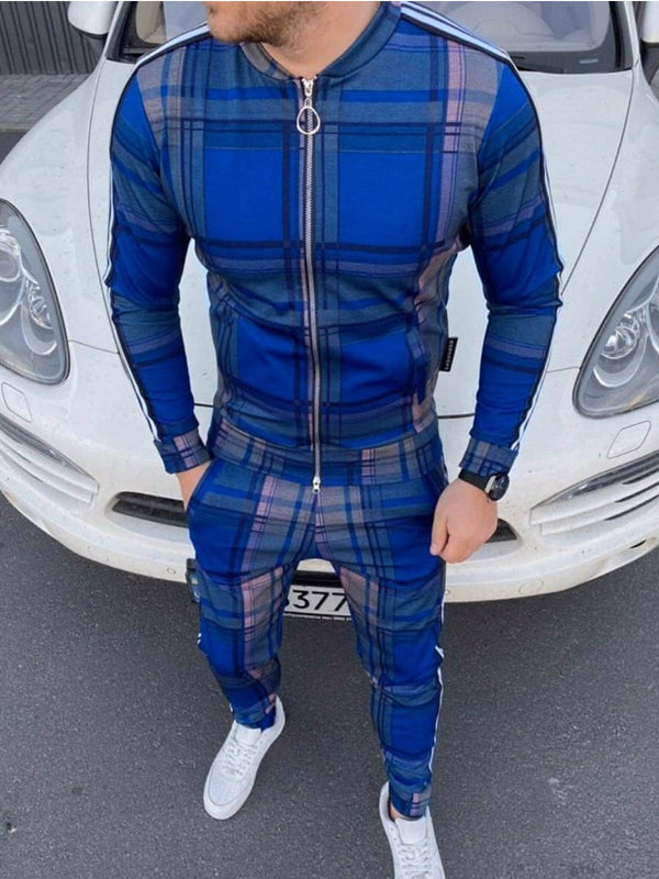 Mens Fashion Plaid Jacket Sports Pants Casual Suit