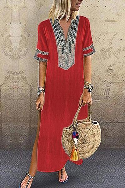 Neocozy Ethnic Short Sleeve Loose Plain Dress