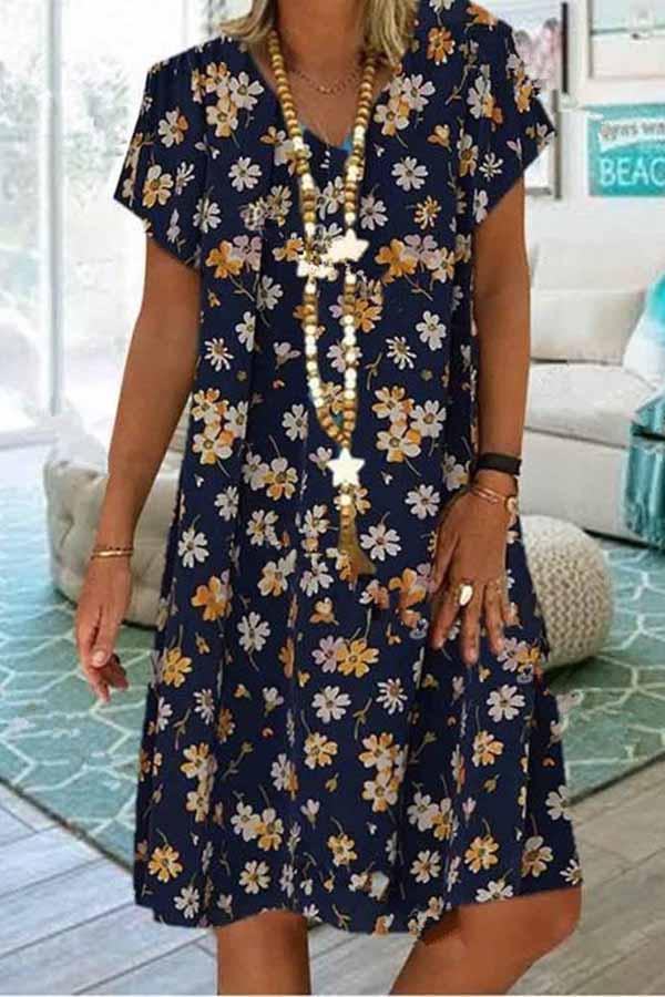 V-neck Floral Printed Short-sleeved Medium-length Dress