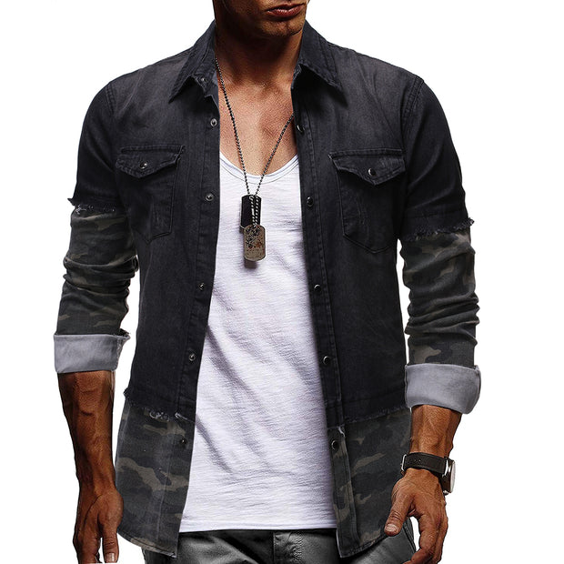 Fashion Camouflage Stitching Denim Long Sleeve Shirt