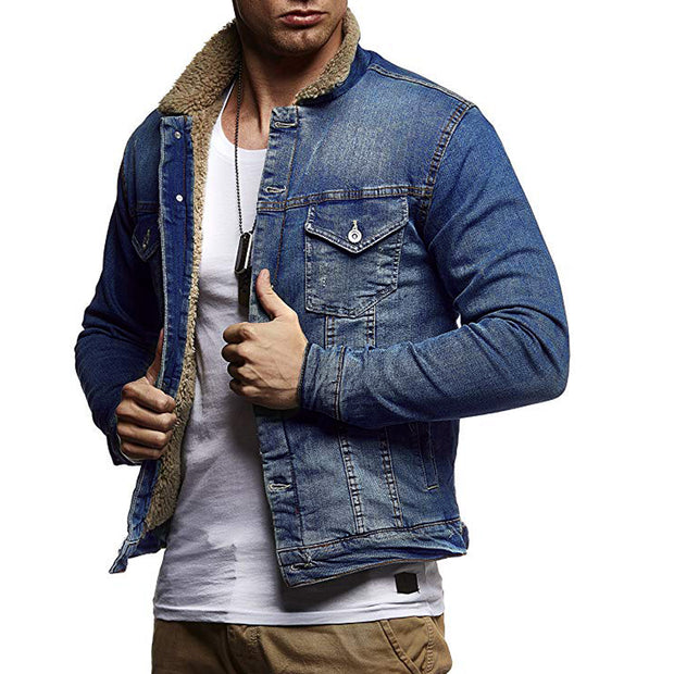 Men's fashion casual thick velvet lapel denim jacket