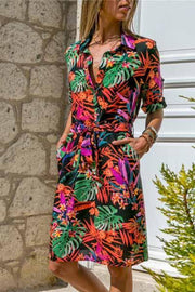 Fashion Printed V-neck Long Sleeve High Waist Lace Dress