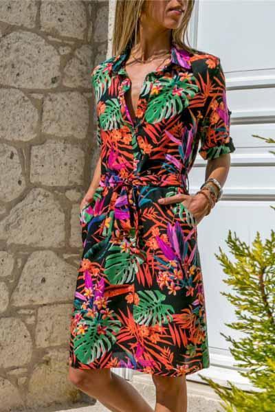 Fashion Printed V-neck Long Sleeve High Waist Lace Dress