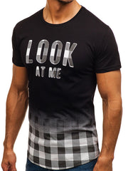 Mens Check Gradient Print Letter Short Sleeve T-shirt