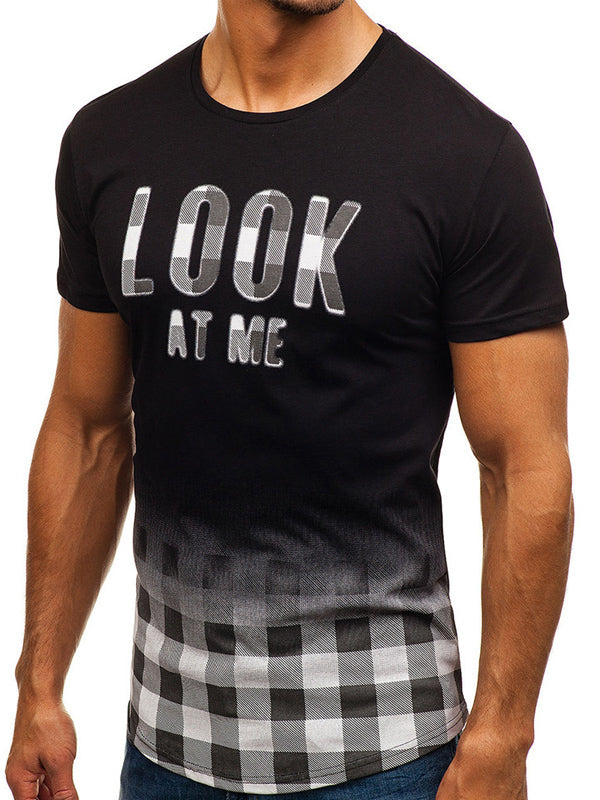 Mens Check Gradient Print Letter Short Sleeve T-shirt
