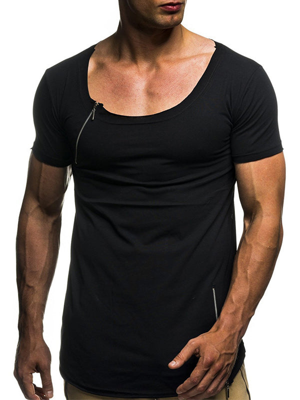 Mens Round Neck Zipper Stitching Slim Short Sleeve T-Shirt