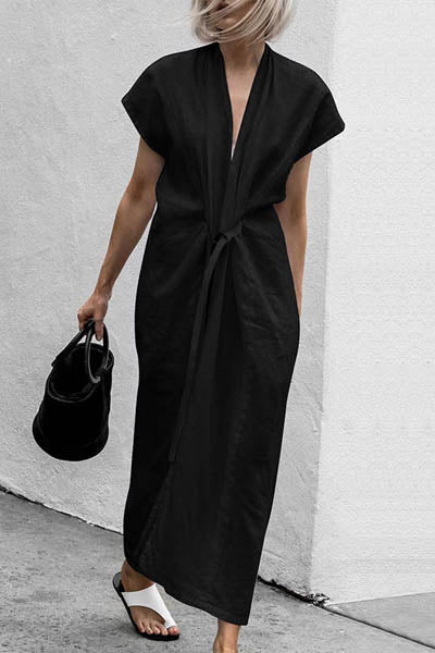 Plain Fashion V-Neck Split Belt Belt Dress