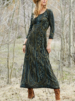 Amourpolly Ladies Vintage Print O-Neck Long Sleeve Long Dress