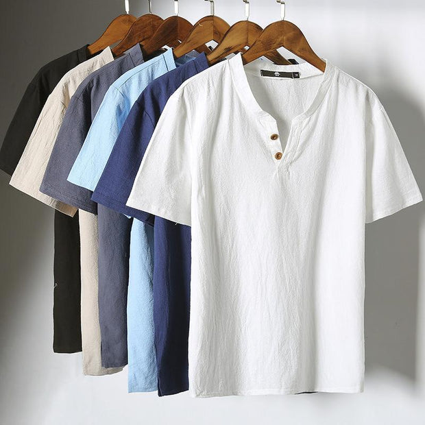 Mens Plain Casual Loose Cotton Linen T-shirt