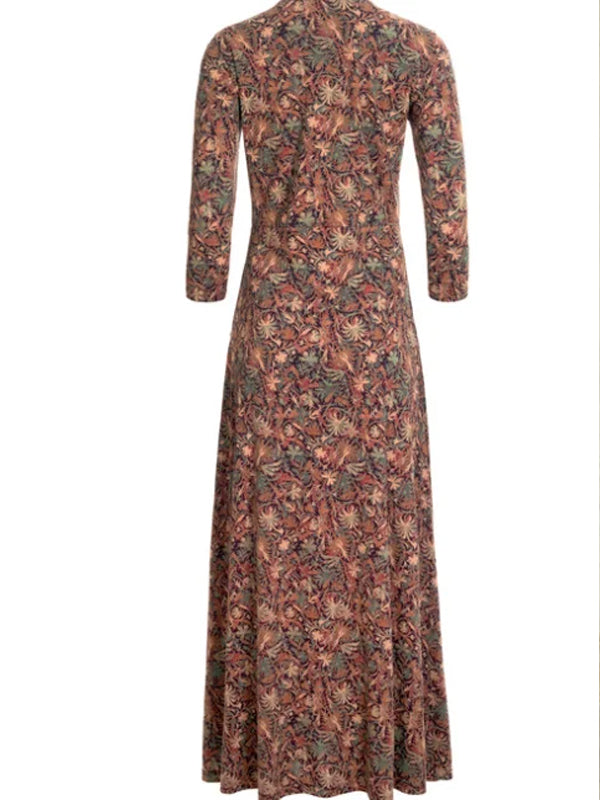 Chicbluf Cotton Vintage Print V-Neck Pocket Long Sleeve Dress