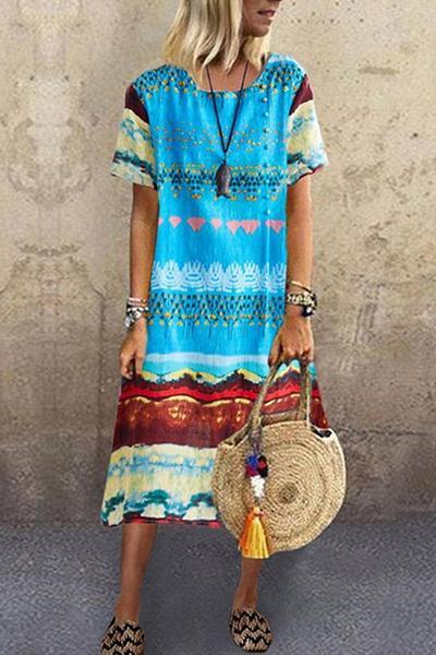 Sexy Short-sleeved Printed Round Collar Dress