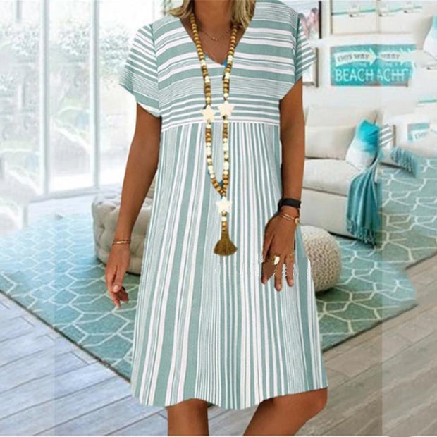 Sexy Printed Striped Short-sleeved V-neck Dress