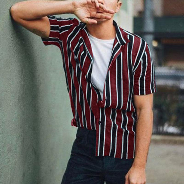 Men's New Casual White Striped Lapel Button Short Sleeve Shirt