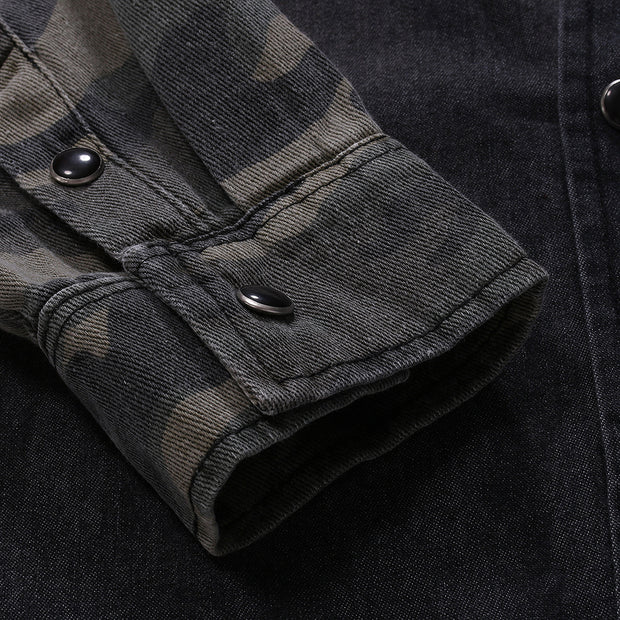 Fashion Camouflage Stitching Denim Long Sleeve Shirt
