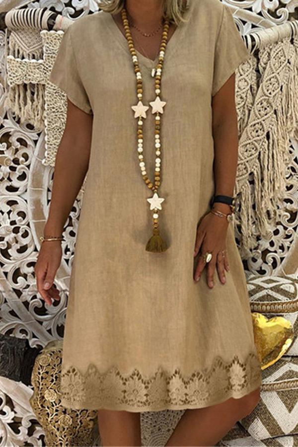 V-Neck Shift Women Short Sleeve Casual Solid Summer Dress