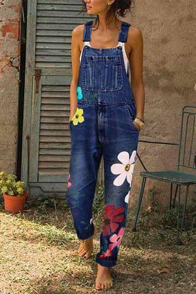 Neocozy Women Fashion Denim Sleeveless Print Jumpsuit