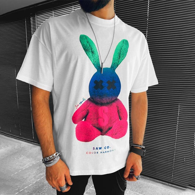 Colored Bunny Print Loose Short Sleeve T-Shirt