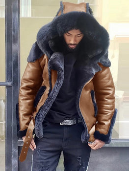 Men's Fashion Faux Fur Hooded Biker Jacket Coat