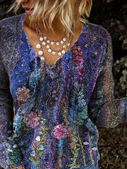 Womens Vintage Print V-Neck Long Sleeve T-Shirt