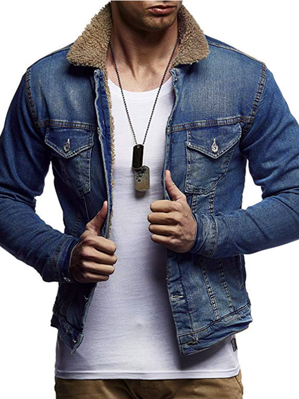 Men's fashion casual thick velvet lapel denim jacket