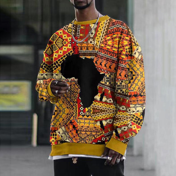 Mens Fashion Casual Printed Loose Round Neck Sweater