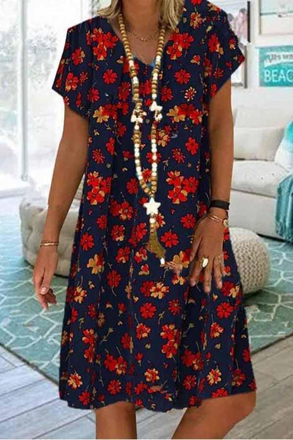 V-neck Floral Printed Short-sleeved Medium-length Dress